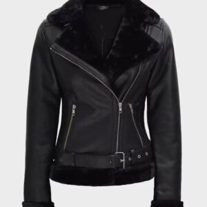 agnes asymmetrical black shearling leather jacket womens