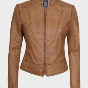 amy womens slim fit camel brown leather jacket