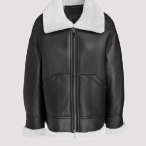 black genuine leather mens white shearling jacket