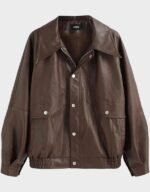 brown faux leather button zipper jacket