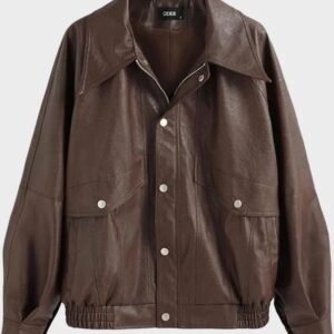 brown faux leather button zipper jacket