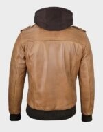 camel brown bomber leather jacket with hood