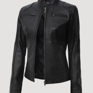 dodge black womens leather biker jacket