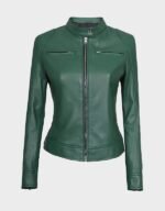 dodge green cafe racer leather jacket for women