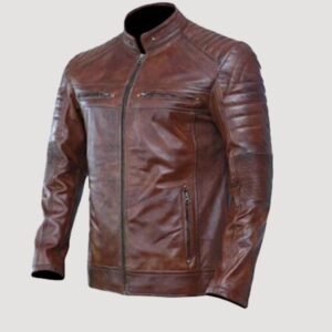 embellished brown zip leather jacket for mens