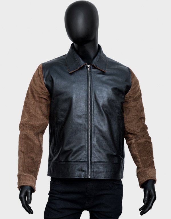 men black and brown leather jacket