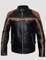 Men’s Brown Stripes Leather Moto Biker Jacket