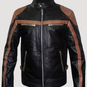 Men’s Brown Stripes Leather Moto Biker Jacket