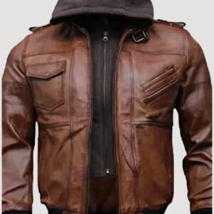 mens brown hooded bomber leather jacket