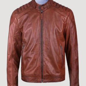 mens brown padded biker leather jacket