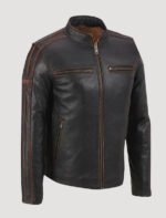 mens brown stripe cafe racer leather jacket