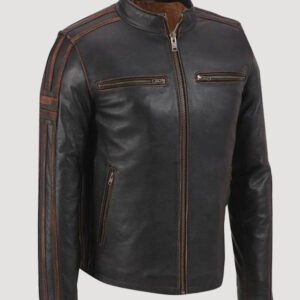 mens brown stripe cafe racer leather jacket