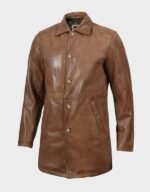 mens camel brown 3/4 length leather car coat