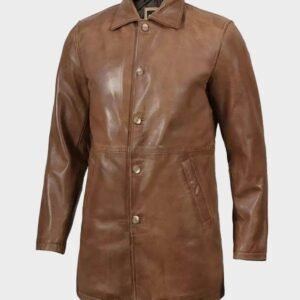 mens camel brown 3/4 length leather car coat