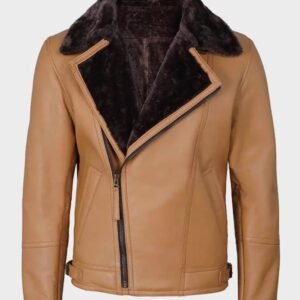 mens camel brown asymmetrical shearling leather jacket