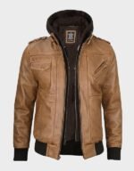 mens camel brown bomber leather jacket with hood