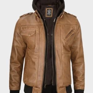 mens camel brown bomber leather jacket with hood