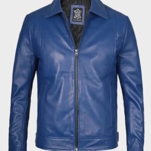 mens classic blue leather jacket with shirt collar