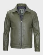 mens classic shirt collar military green leather jacket