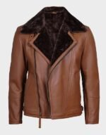 mens cognac asymmetrical shearling lining leather jacket