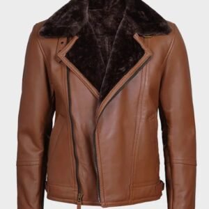 mens cognac asymmetrical shearling lining leather jacket