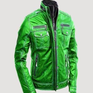 mens green vintage biker leather jacket