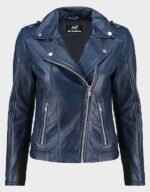 women biker style vintage blue leather jacket