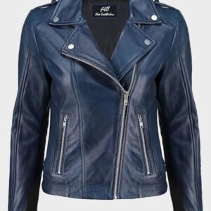 women biker style vintage blue leather jacket