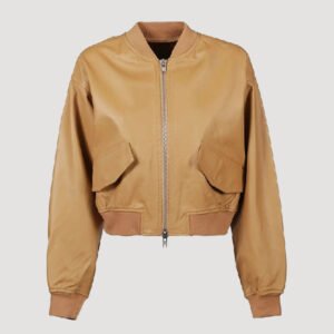 women tan brown bomber leather jacket