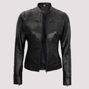 womens black leather biker jacket