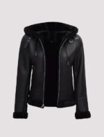 womens black leather hooded shearling jacket