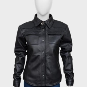 womens black shirt style leather jacket