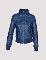 womens blue bomber leather jacket