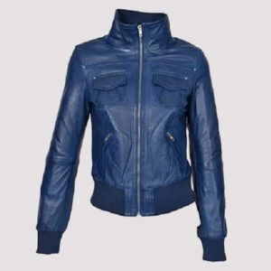 womens blue bomber leather jacket